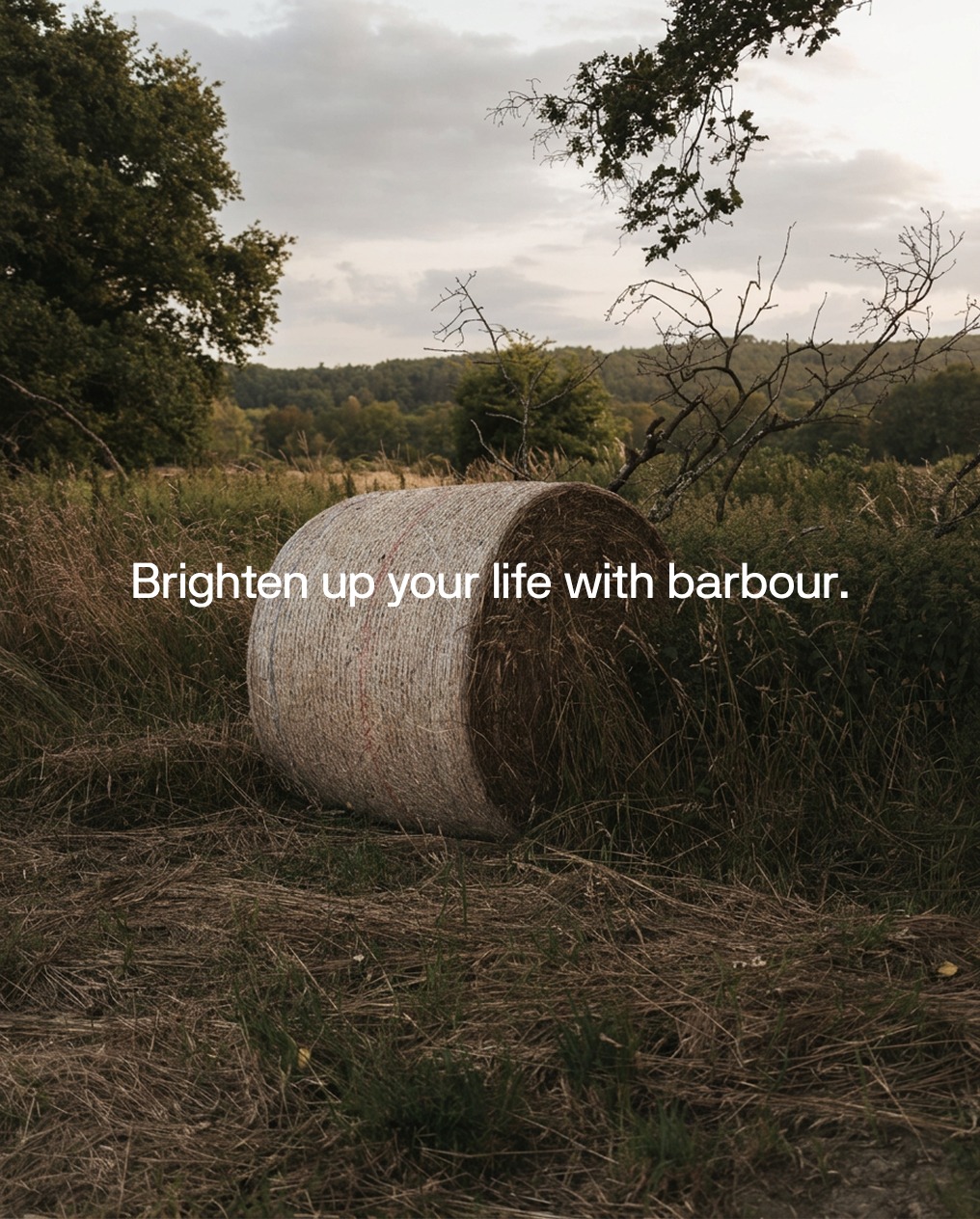 Barbour hay bale campaign photography with tagline Brighten up your life with barbour