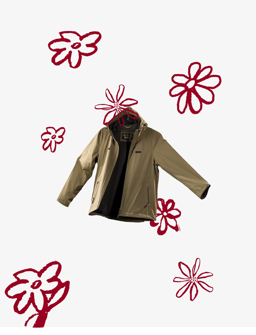 Barbour jacket product photography with floral illustration