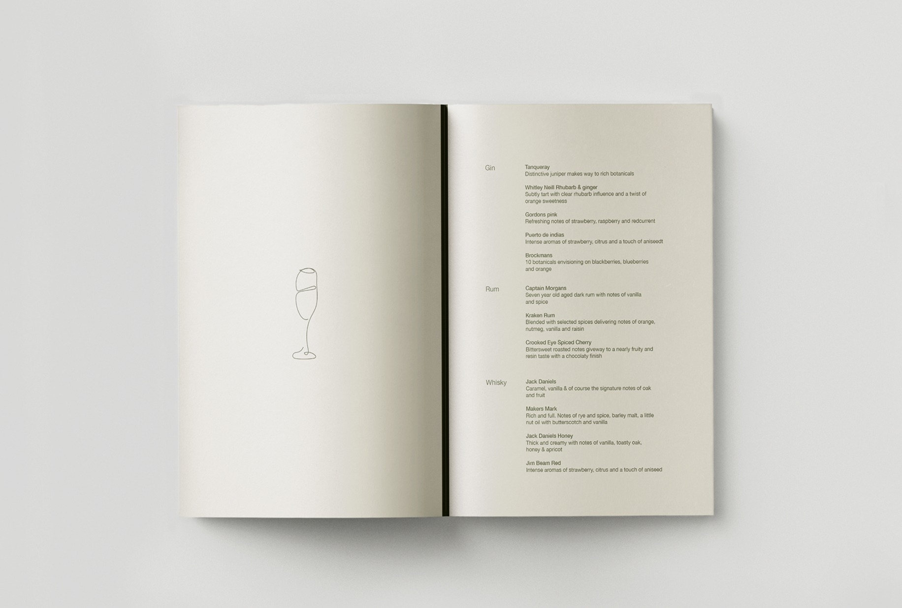 Beaumont drinks menu open spread with cocktail glass illustration