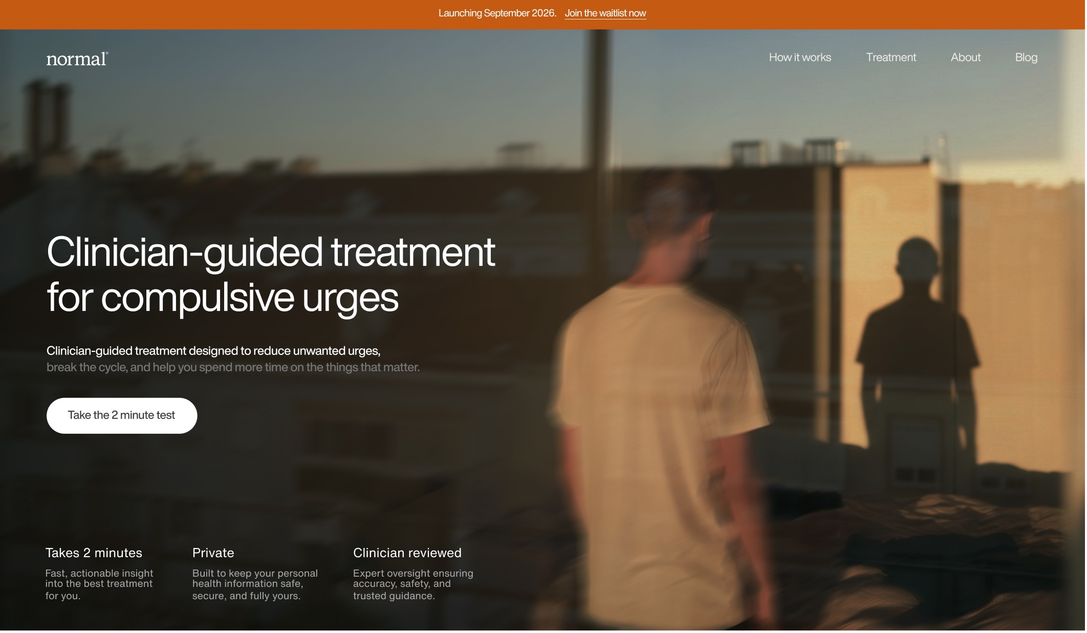 Normal website homepage hero: Clinician-guided treatment for compulsive urges